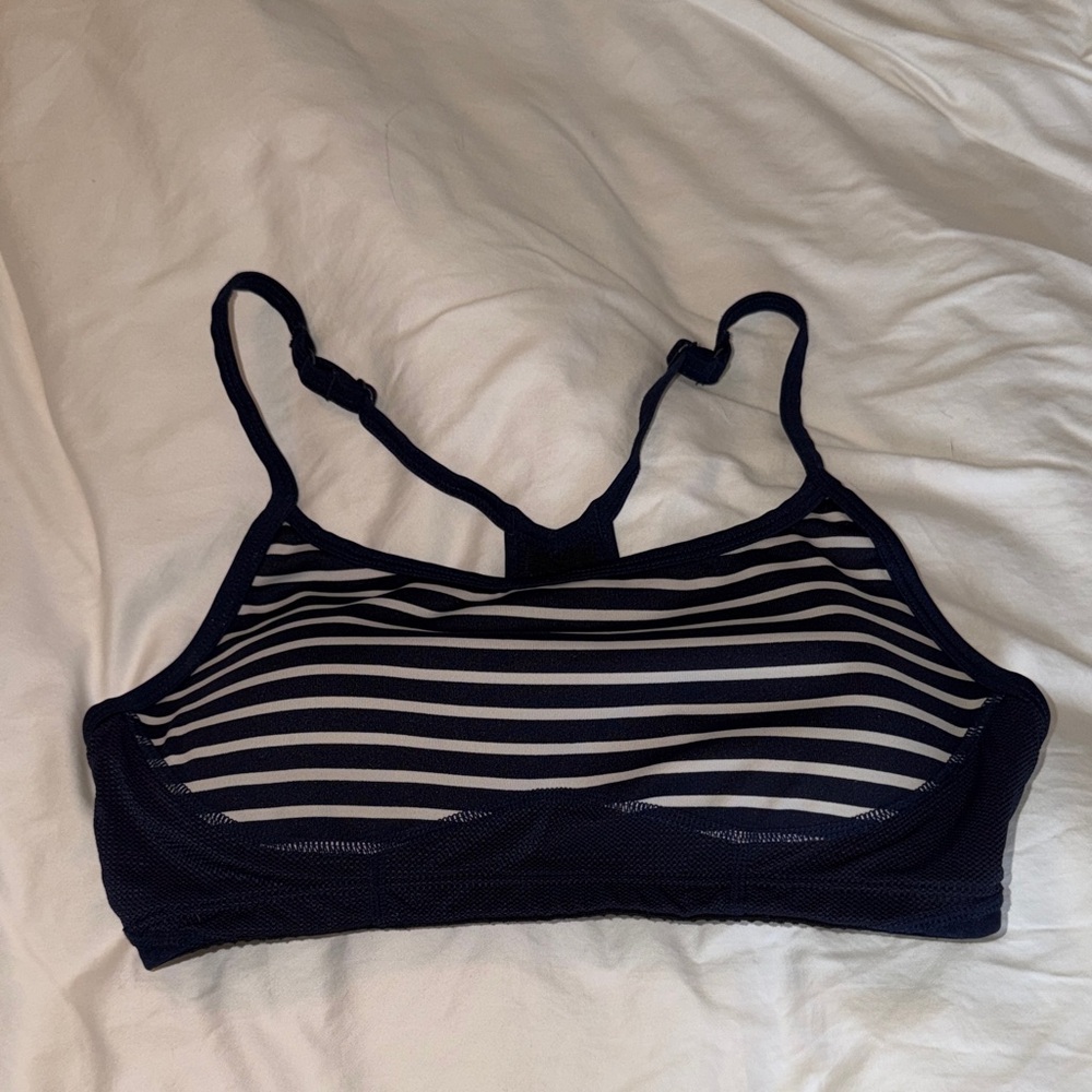 J Crew and New Balance collaboration Navy and White Striped Sports Bra